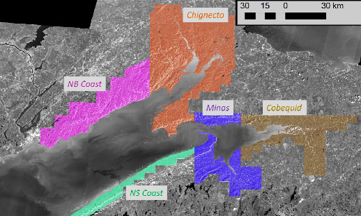 Map of five regions of lidar data surrounding the Inner Bay of Fundy.