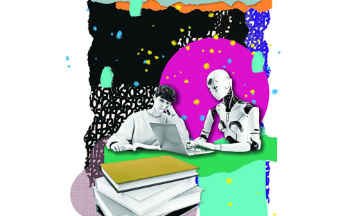 Image shows a neon visual of a person and a robot working on a computer and reading.