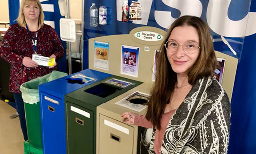 Enactus Marconi student president Alicia Barry, front, and faculty advisor Melodie MacNeil stand near the recyclables and compost bins in the Nova Scotia Community College's cafeteria on March 18.