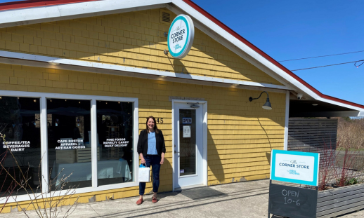 Brenna MacNeil standing outside the new location of her business, The Corner Store by missbrenna, at 15645 Central Ave., Inverness.