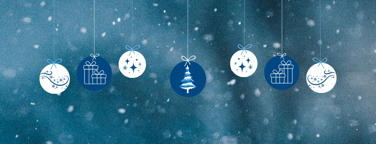 Snow falling background with graphic of winter and holiday themed ornaments.