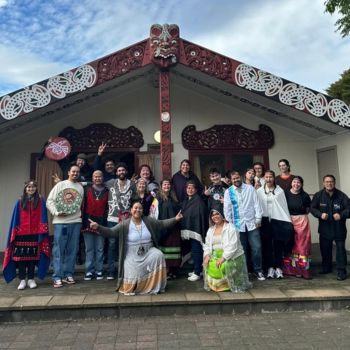 Ethan Paul's Indigenous Learning in New Zealand group in front of the Marae at the University of Waikato.