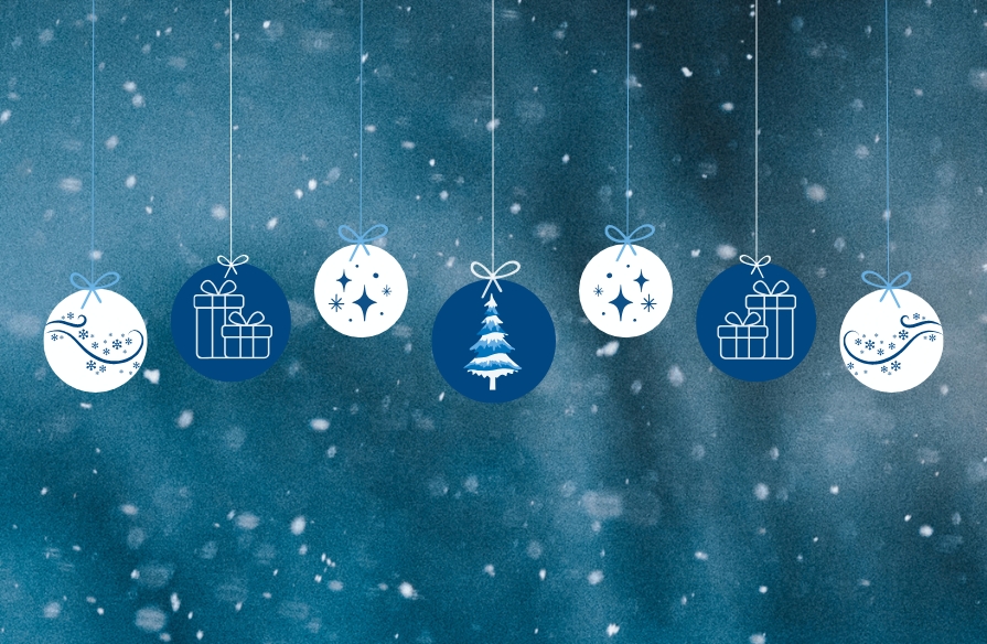 Snow falling background with graphic of winter and holiday themed ornaments.