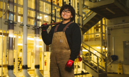 Charles Miranda in work gear at NSCC IT Campus's workshop.