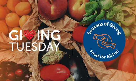 Giving Tuesday banner featuring fresh produce in paper bags with text “Giving Tuesday” and a blue circle reading “Seasons of Giving: Food for All Fall.” Promotes NSCC Foundation’s campaign to fight student food insecurity.