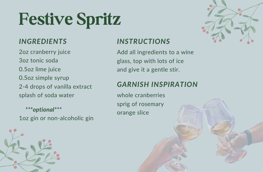 A pale green graphic that has a recipe for a Festive Spritz with a cranberry and drinks graphics.