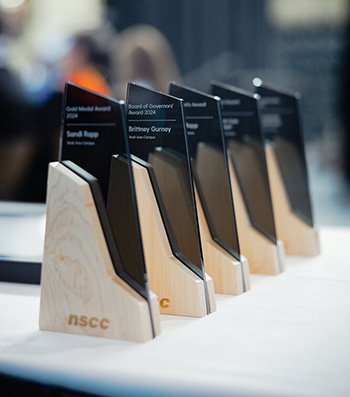 NSCC Convocation Major awards are placed in a row on a table with a white table cloth. They have a wooden base and a black glass insert resembling the top of a mountain.