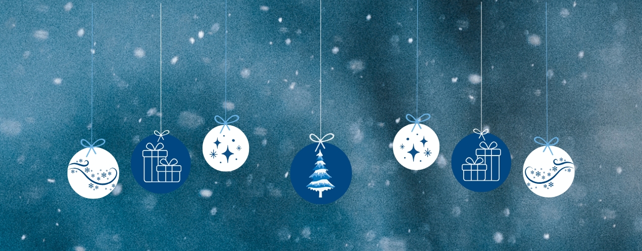 Snow falling background with graphic of winter and holiday themed ornaments.