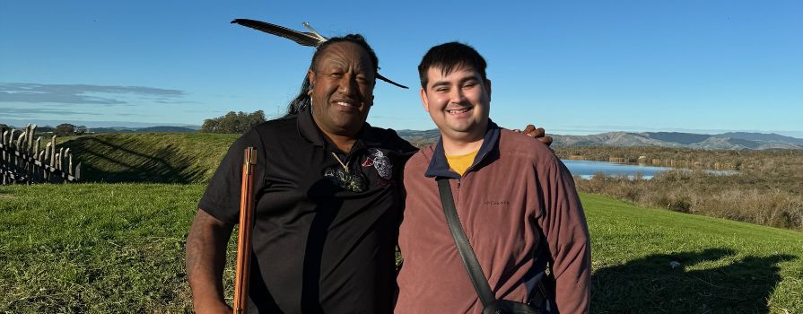 From left to right, Brad Totorewa, a Māori historian and leader at Rangiriri and Ethan Paul at the historical site of the Invasion of the Waikato in New Zealand.