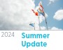 Hyperlinked NSCC Foundation Summer 2024 Update photo with flags raised in the air with text below saying "2024" in a grey coloured font to the left, followed by "Summer Update" in aqua coloured font to the right