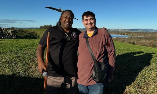 From left to right, Brad Totorewa, a Māori historian and leader at Rangiriri and Ethan Paul at the historical site of the Invasion of the Waikato in New Zealand.