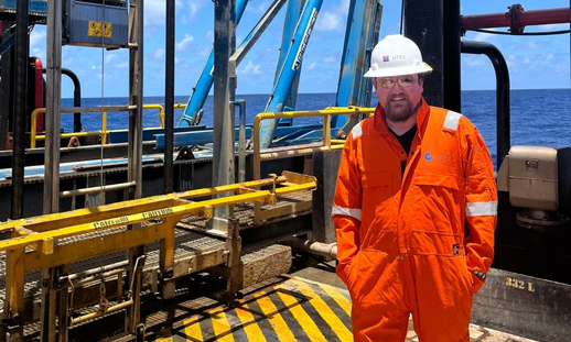 Jonah Pye (Marine Geomatics '25), working on UTEC's HOS Brass Ring offshore vessel.