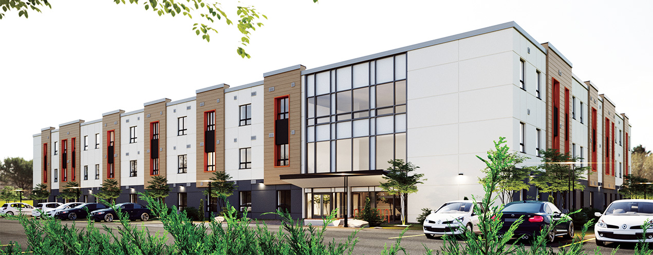 Rendering of the student housing building at Akerley Campus.