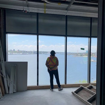 Photo shows the view of the ocean from the common sitting area in the new student housing building.