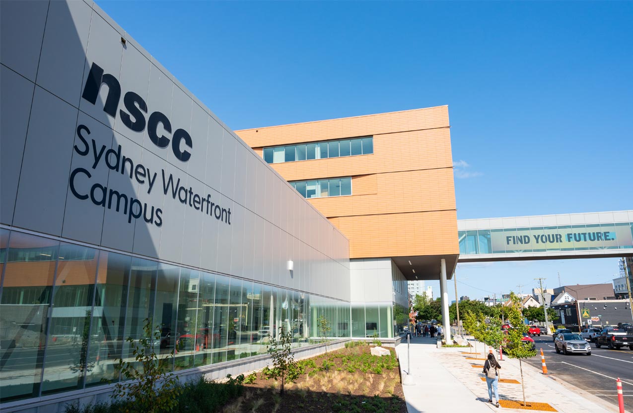 Outside view of the front entrance of NSCC's new Sydney Waterfront Campus.