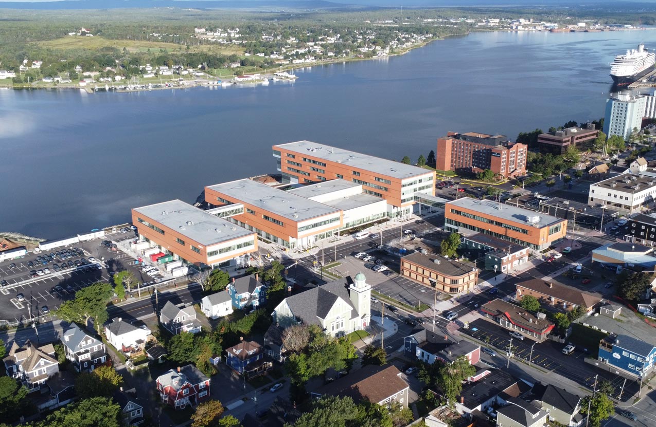 An aerial view of the front entrance of NSCC's new Sydney Waterfront Campus.