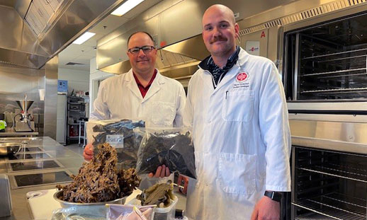 Two people are in a kitchen holding various forms of processed kelp.