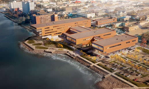 An aerial rendering photo of NSCC's new Sydney Waterfront Campus.