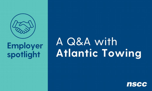 A designed image with a teal block of colour and a blue block of colour and white and blue font that reads: Employer Spotlight, A Q&A with Atlantic Towing, and a round icon of a handshake.