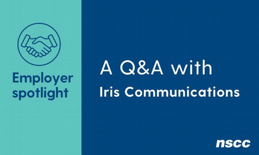 A designed image with a teal block of colour and a blue block of colour and white and blue font that reads: Employer Spotlight, A Q&A with Iris Communications, and a round icon of a handshake.