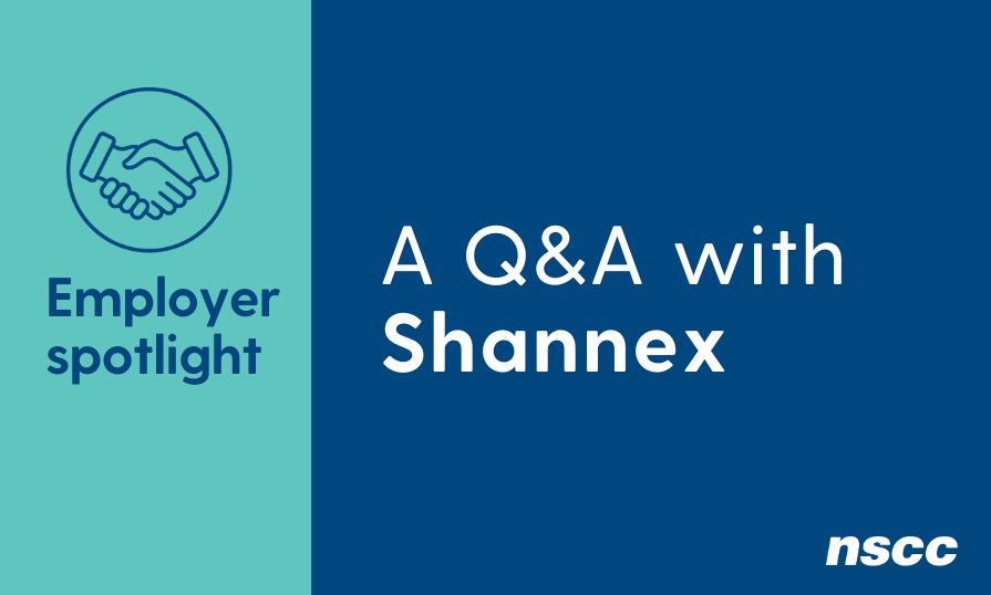 A designed image with a teal block of colour and a blue block of colour and white and blue font that reads: Employer Spotlight, A Q&A with Shannex, and a round icon of a handshake.