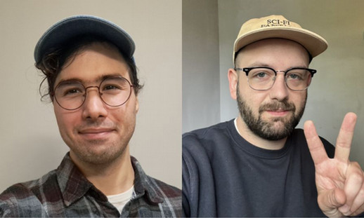 Side by side image of Blake Velemirovich and Dylan Cunningham both seen wearing ball caps with Dylan holding a peace sign with his hand.