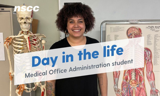 Image of a student with text that reads 'Day in the life of a Medical Office Administration student.'