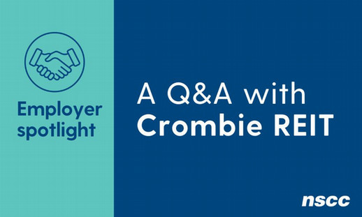 A designed image with a teal block of colour and a blue block of colour and white and blue font that reads: Employer Spotlight, A Q&A with Crombie REIT and a round icon of a handshake.