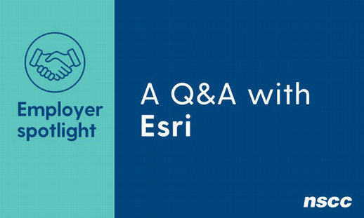 A designed image with a teal block of colour and a blue block of colour and white and blue font that reads: Employer Spotlight, A Q&A with Esri, and a round icon of a handshake.