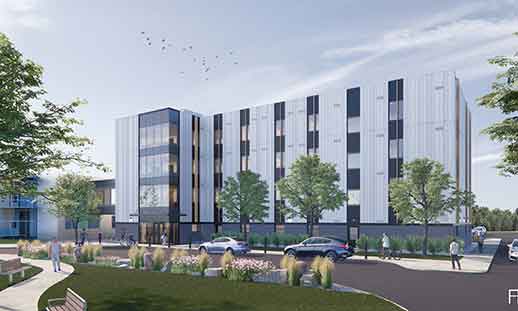 Outside image of the new Pictou Campus Housing building in rendering form. 