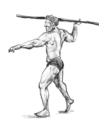 A sketch of a man posed to throw a spear with his right hand by Abby Jones.