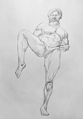 A sketch of a man standing on his left leg with his right leg raised and arms behind his back by Qi Liu.