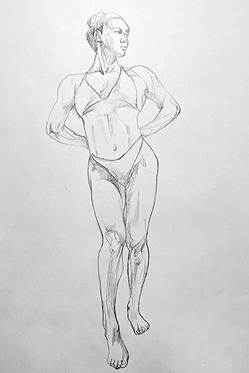 A sketch of a woman standing with her right leg ahead of her left and her hands behind her back by Qi Liu.