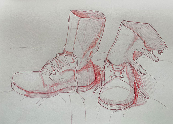 A sketch of a pair of boots by Qi Liu.