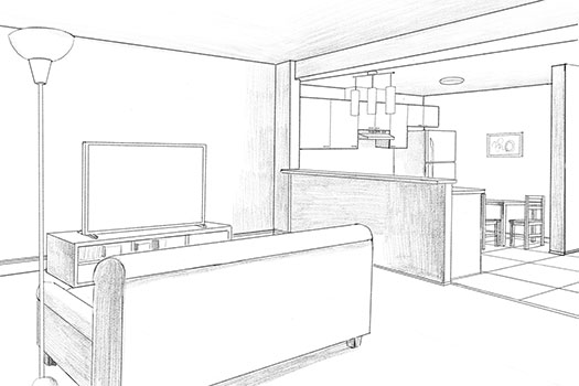 A sketch of an open-concept living room and kitchen by Qi Liu.