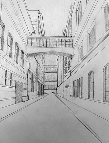 A sketch of a city street scene by Colton Snook.