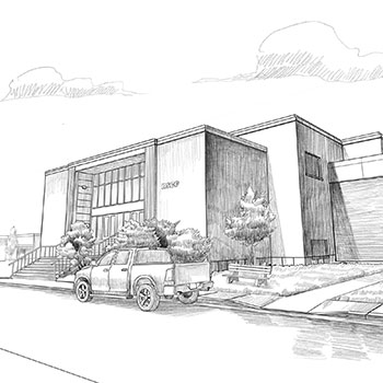 A sketch of a building with a parked parked in front of it by Qi Liu.