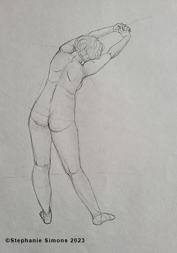 A life drawing of the back of a figure with arms raised and stretched to the right.