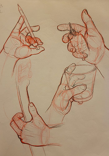 A page of sketches of hands.