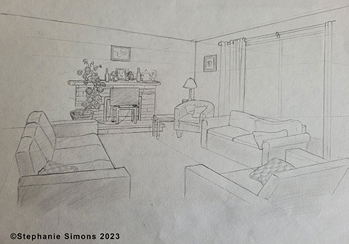 A sketch of a living room.