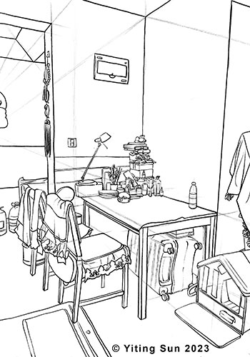 A sketch of a table, chairs and other items.