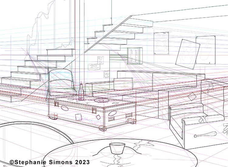 A sketch of a living room with perspective guide lines.