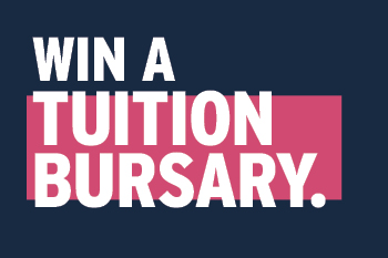 A designed image of white text on a fuchsia background that reads Win a Tuition Bursary.