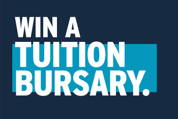 A designed image of white text on a blue background that reads Win a Tuition Bursary.